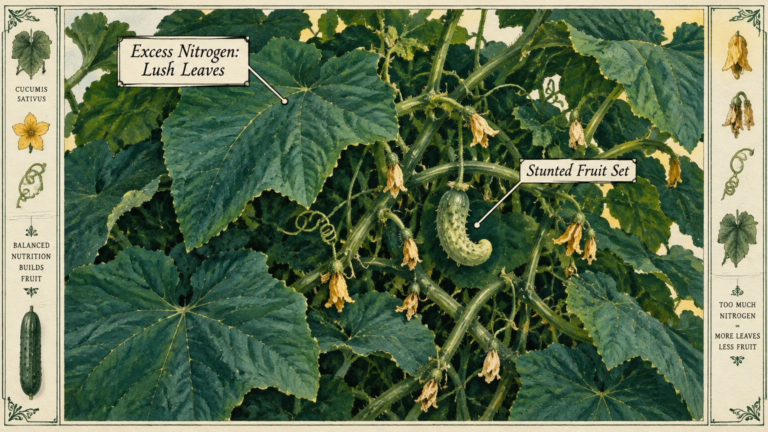Botanical illustration of cucumber plant vines with large lush leaves and a small, hooked cucumber labeled stunted fruit set.
