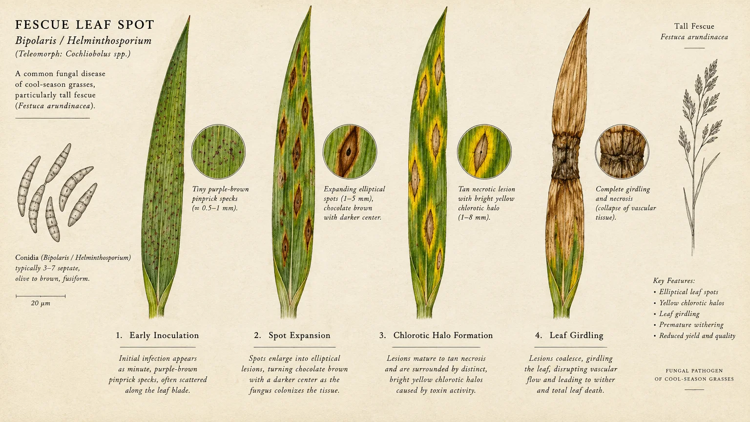 Botanical chart showing four stages of fescue leaf spot disease progression on grass blades with inset close-ups.