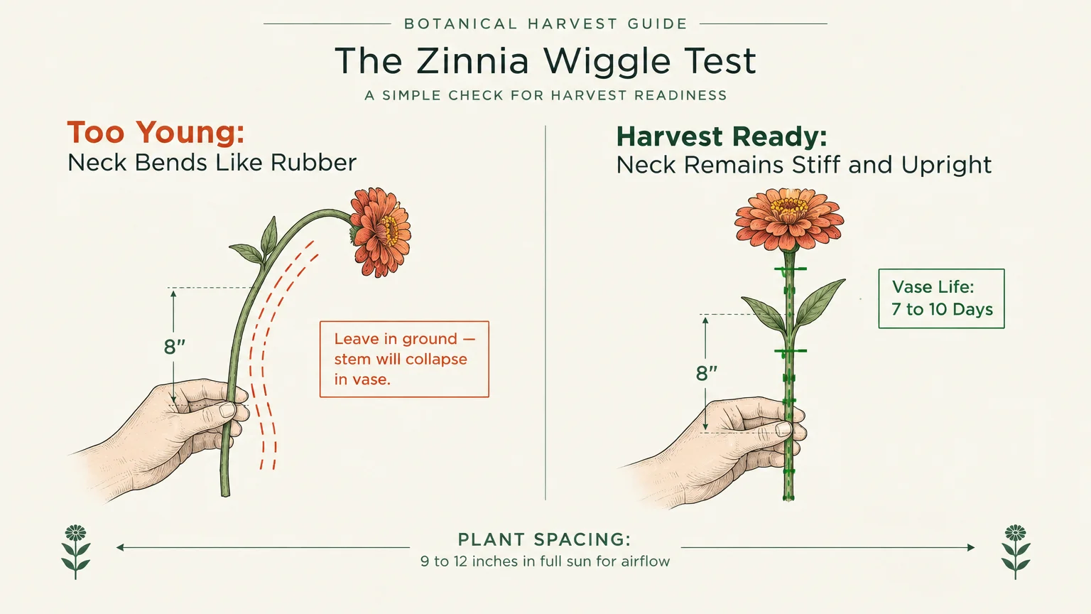 Botanical diagram comparing a bending zinnia stem labeled too young to a rigid, harvest-ready upright stem.