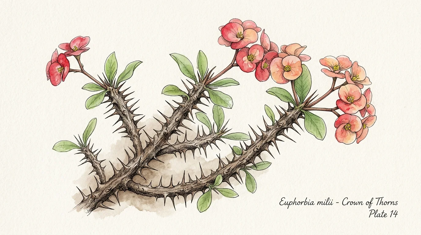 Botanical watercolor illustration of Euphorbia milii featuring spiny, thorny stems, green leaves, and pink floral bracts.