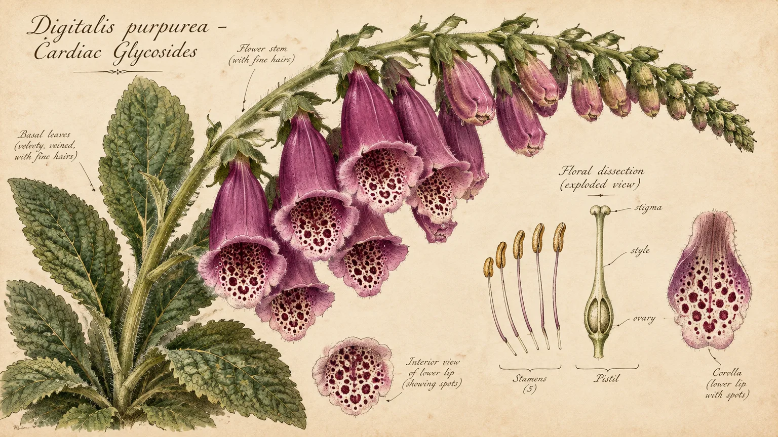 Vintage botanical illustration of purple foxglove flowers and leaves alongside labeled diagrams of stamens, pistil, and corolla.
