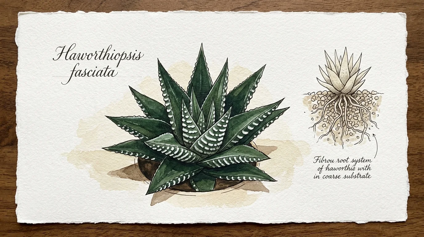 Botanical watercolor illustration of a Haworthiopsis fasciata succulent beside an ink diagram of its root system.