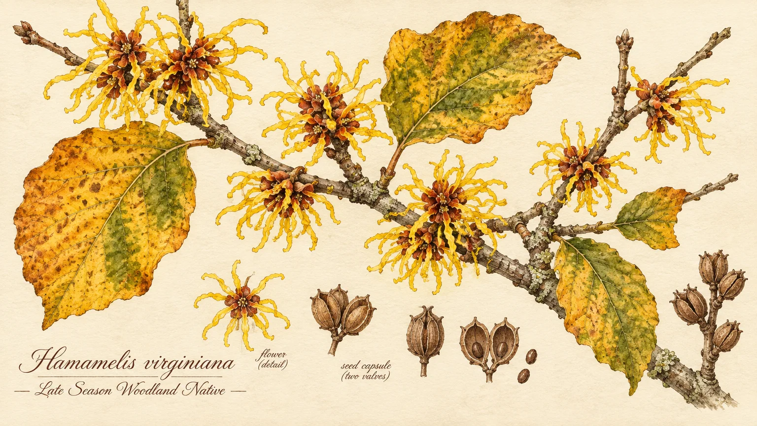 Botanical illustration of Hamamelis virginiana with yellow spidery flowers, autumn leaves, and detailed seed capsules.