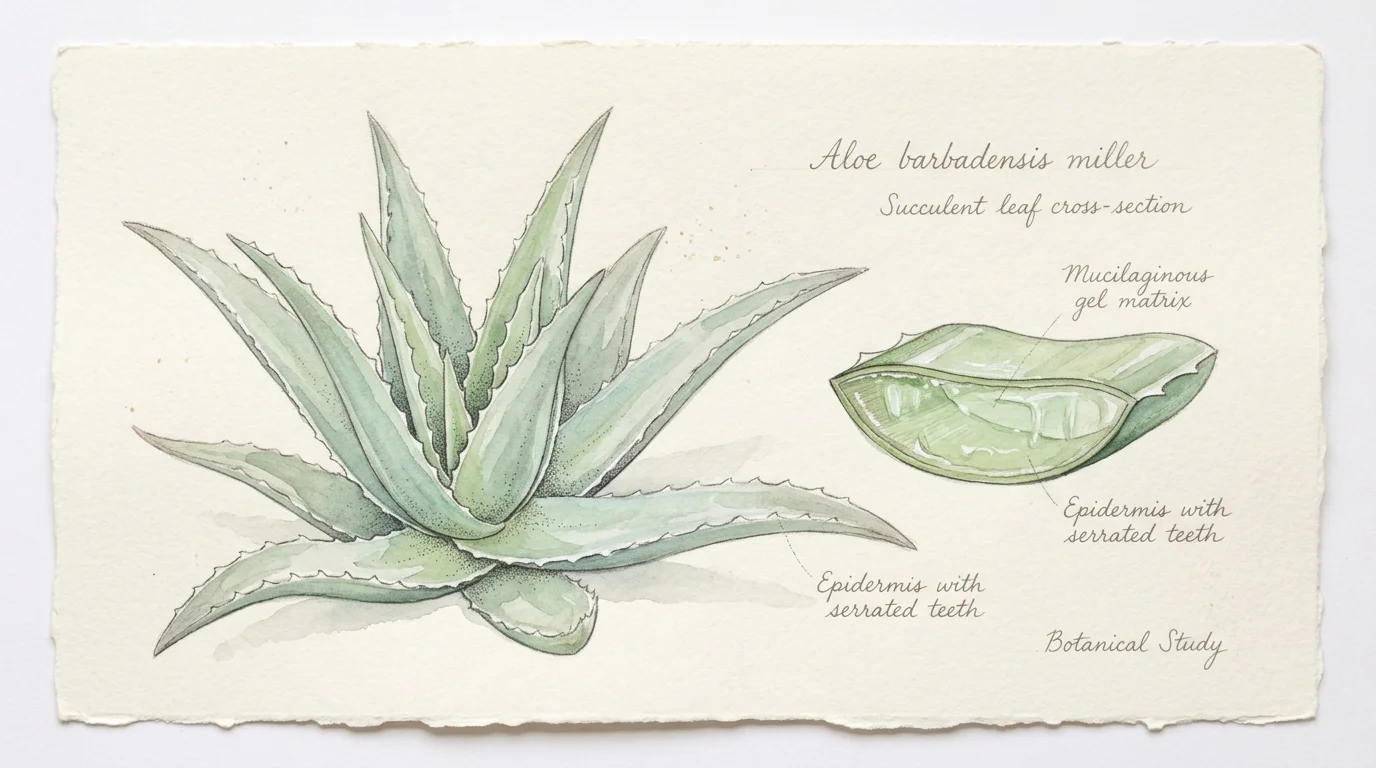 Botanical watercolor illustration of an aloe vera plant and a labeled cross-section of a succulent leaf on textured paper.