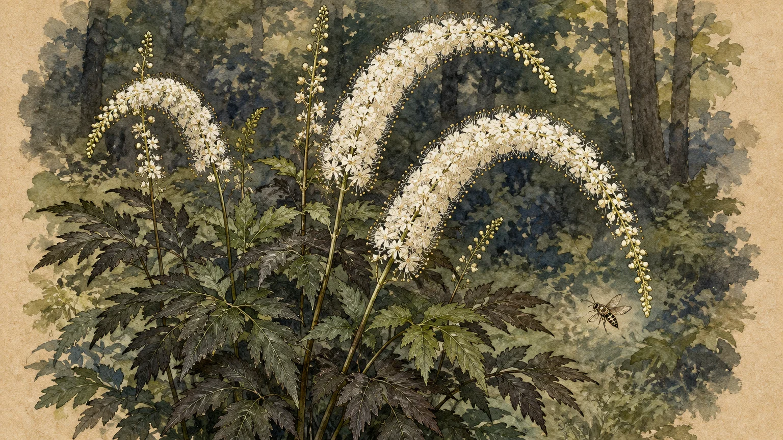 Botanical watercolor illustration of tall arching white bottlebrush flowers and dark foliage with a flying bee in a forest.