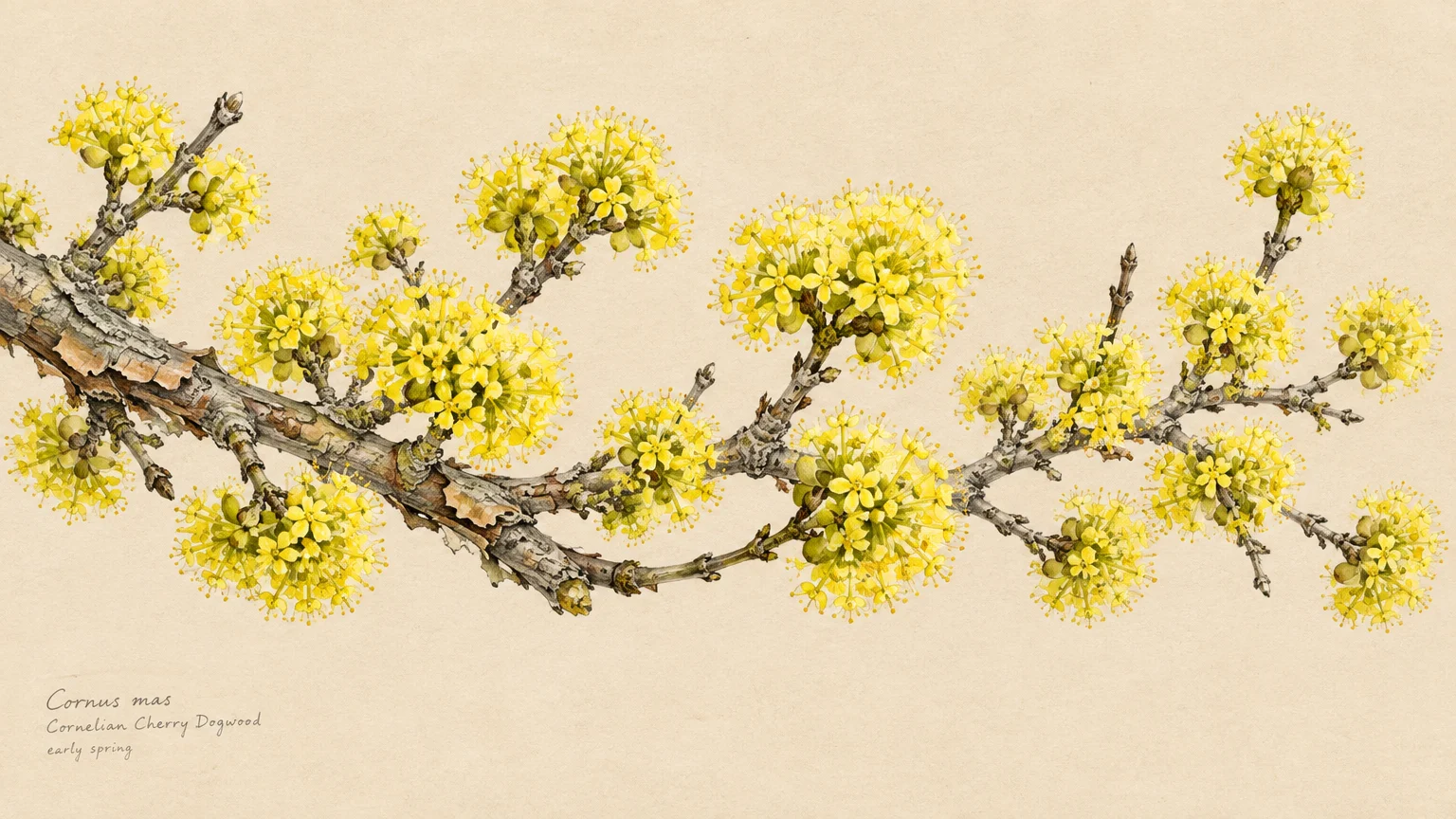 Botanical illustration of a Cornus mas branch covered in round clusters of tiny yellow star-shaped flowers.