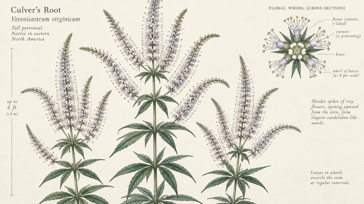 Botanical illustration of Culver's root flowering stalks with pale lavender spires and an anatomical cross-section diagram.