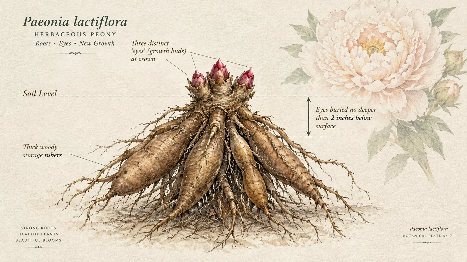 Botanical illustration of bare-root peony tubers showing growth buds planted below the soil level beside a pale pink flower.