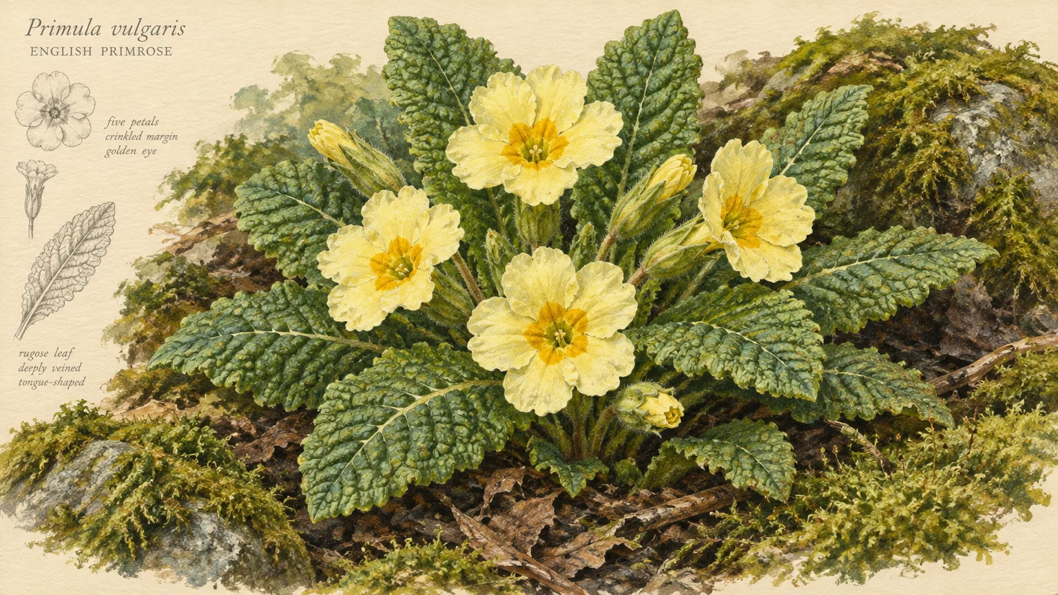 Botanical illustration of a flowering English primrose with crinkled leaves and yellow flowers growing among mossy rocks.