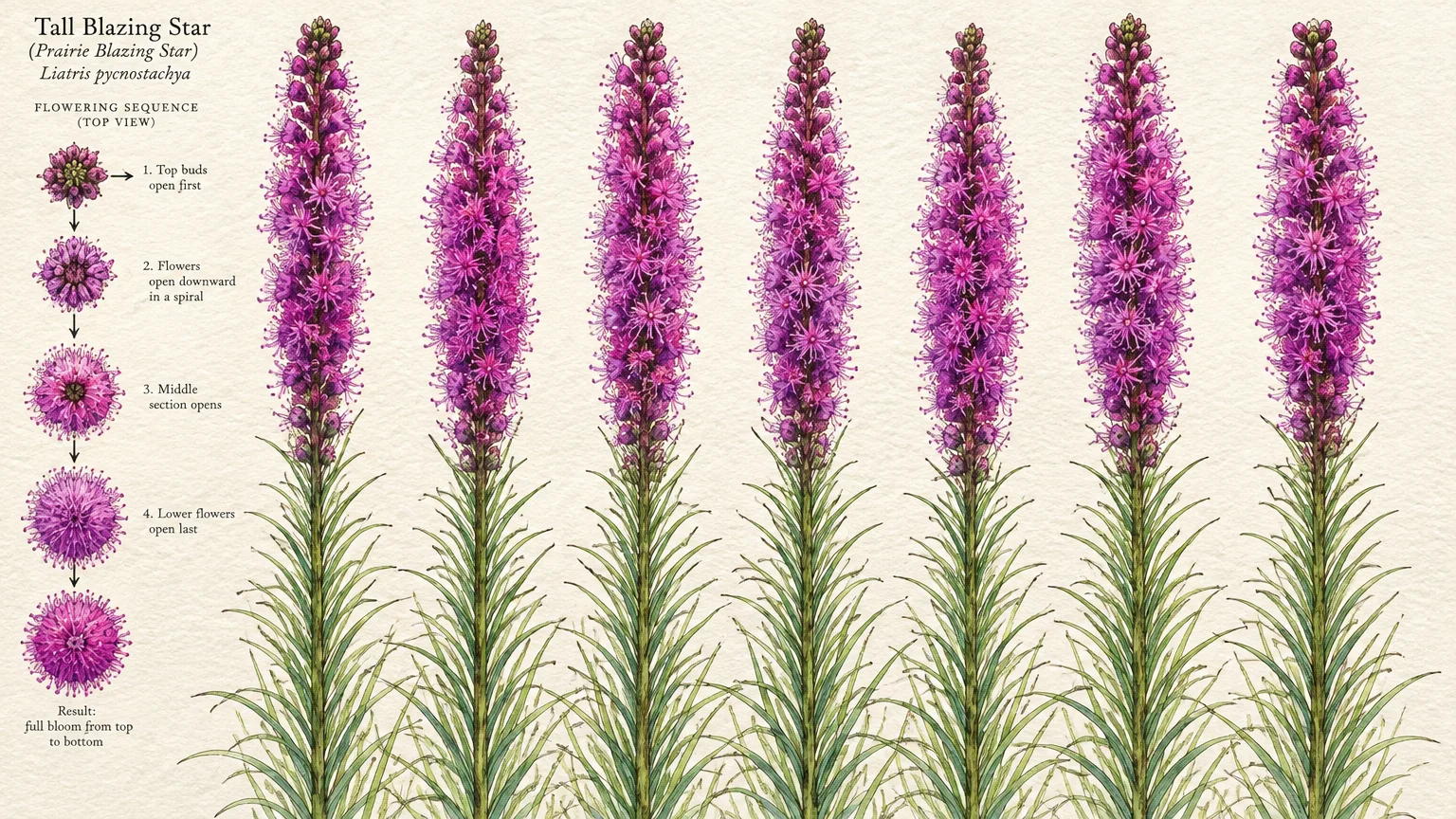 Botanical illustration of tall blazing star floral spikes and a diagram showing florets blooming from the top downward.