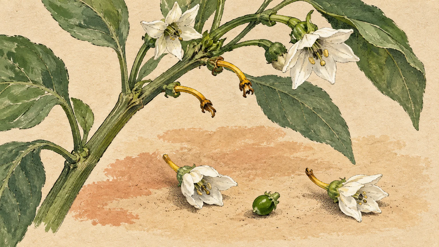 Illustration of a flowering plant branch with white blooms above fallen flowers and a tiny green fruit on the ground.