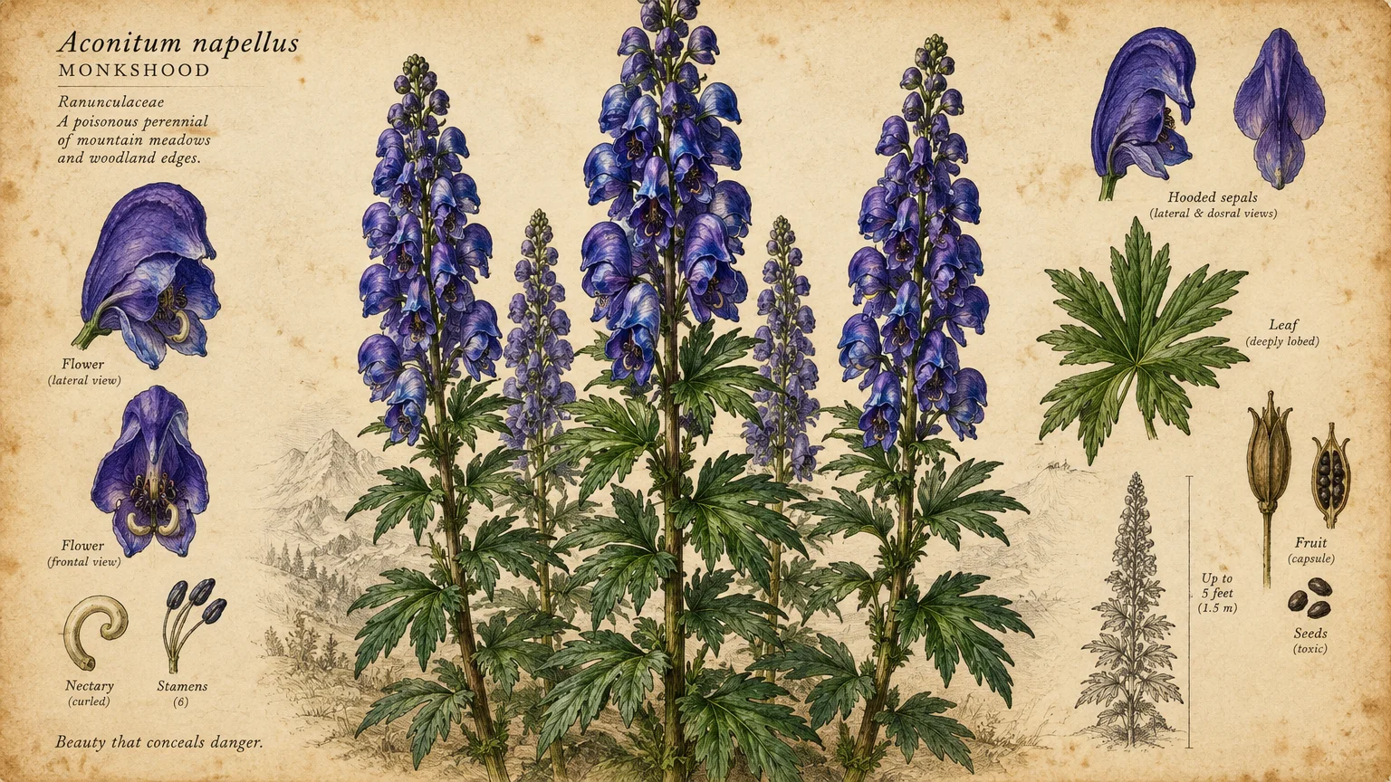Botanical illustration of monkshood plants with tall violet-blue flower stalks, green leaves, and anatomical flower diagrams.