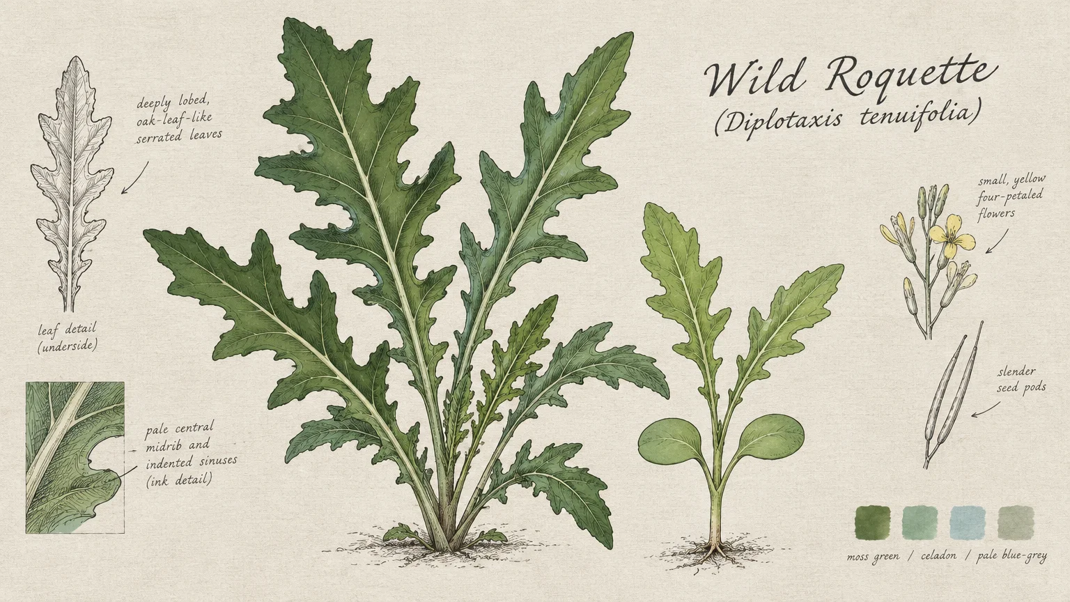 Botanical illustration of wild roquette plants, leaves, yellow flowers, seed pods, and color swatches on parchment.