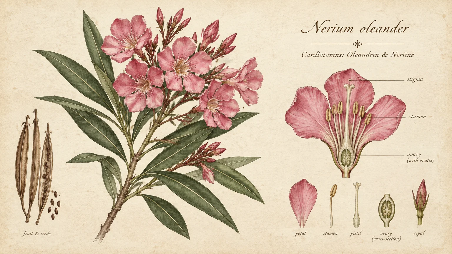 Botanical illustration of pink Nerium oleander blooms, leaves, seed pods, and labeled flower anatomy diagrams.