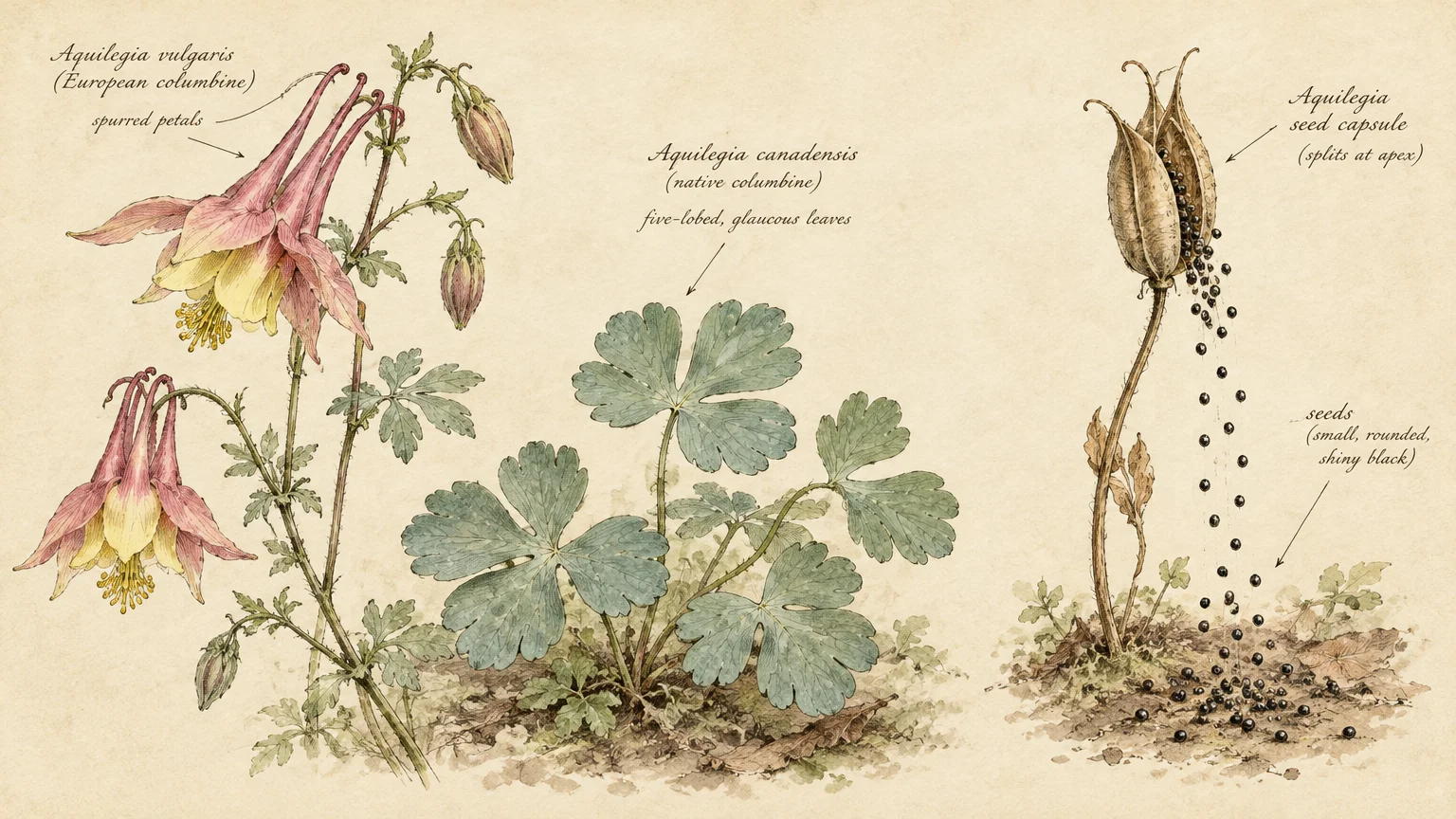 Botanical illustration of columbine flowers, lobed leaves, and a seed capsule spilling black seeds onto the ground.
