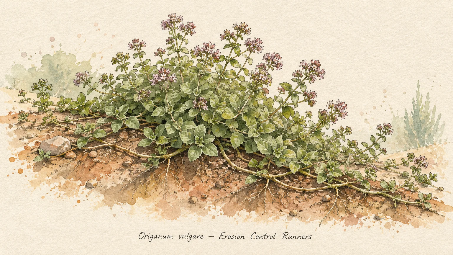 Watercolor illustration of Greek oregano growing on a dirt slope, showing sprawling runners and underground roots.