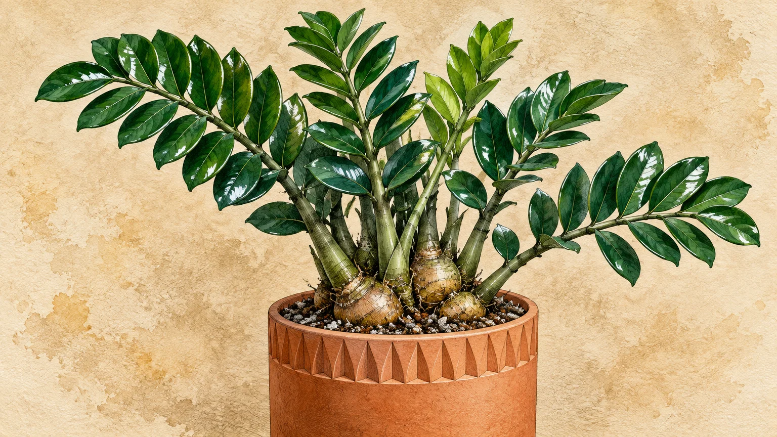 Watercolor illustration of a potted ZZ plant with glossy green leaves, thick stems, and exposed rhizomes.