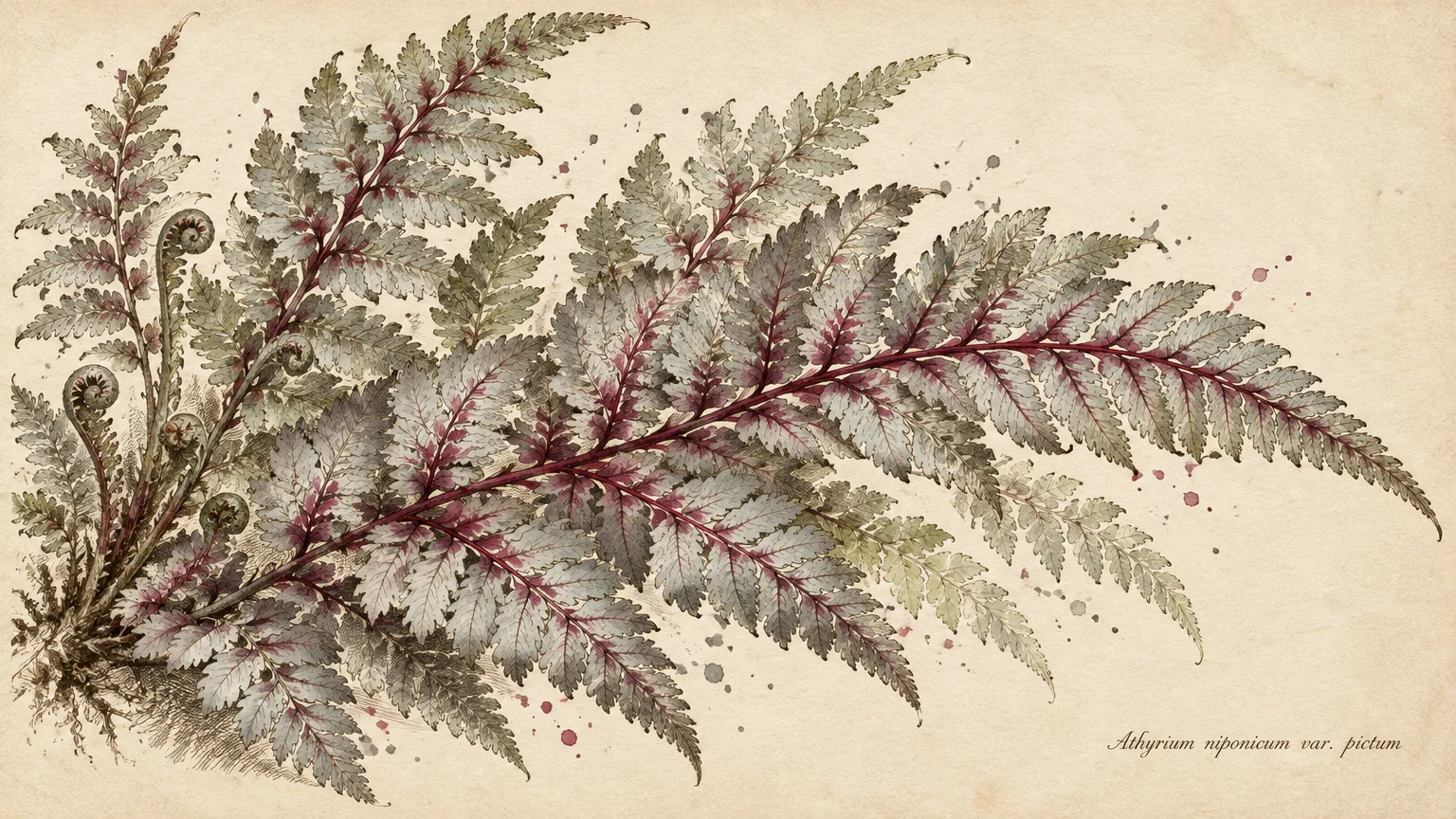 Botanical illustration of a Japanese painted fern frond with silvery foliage, burgundy midribs, and emerging fiddleheads.