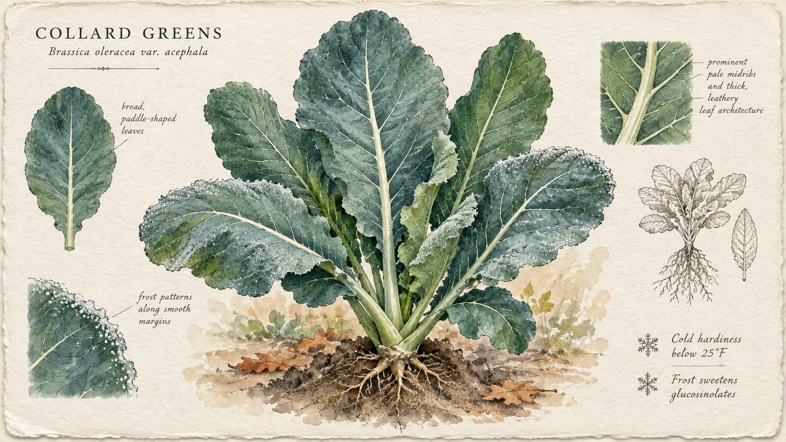 Botanical illustration of a collard greens plant with frost on its leaves, surrounded by botanical diagrams and notes.