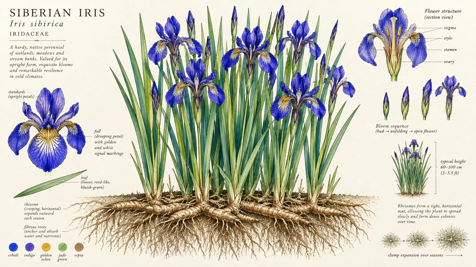 Botanical diagram of Siberian irises showing flowers, leaves, cross-section anatomy, and rhizomes underground.
