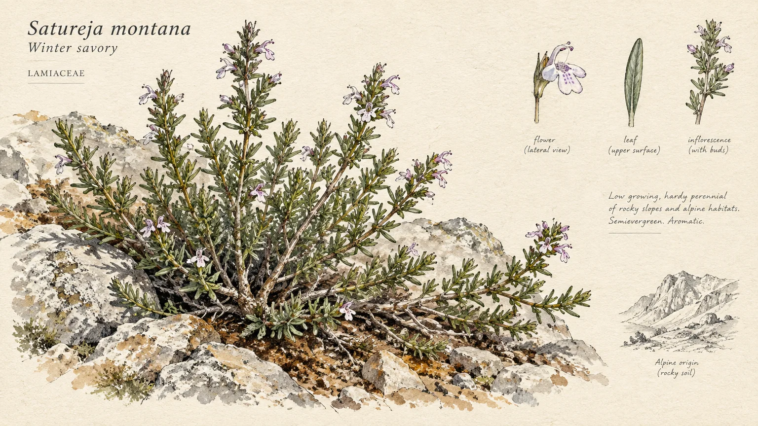 Botanical illustration of a flowering winter savory bush growing among rocks, with botanical diagrams of flower and leaf.