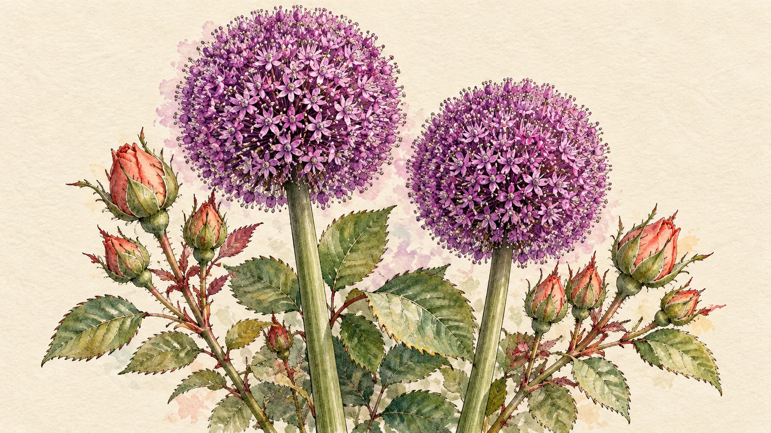 Watercolor illustration of two purple spherical allium flowers blooming alongside peach rose buds with green leaves.