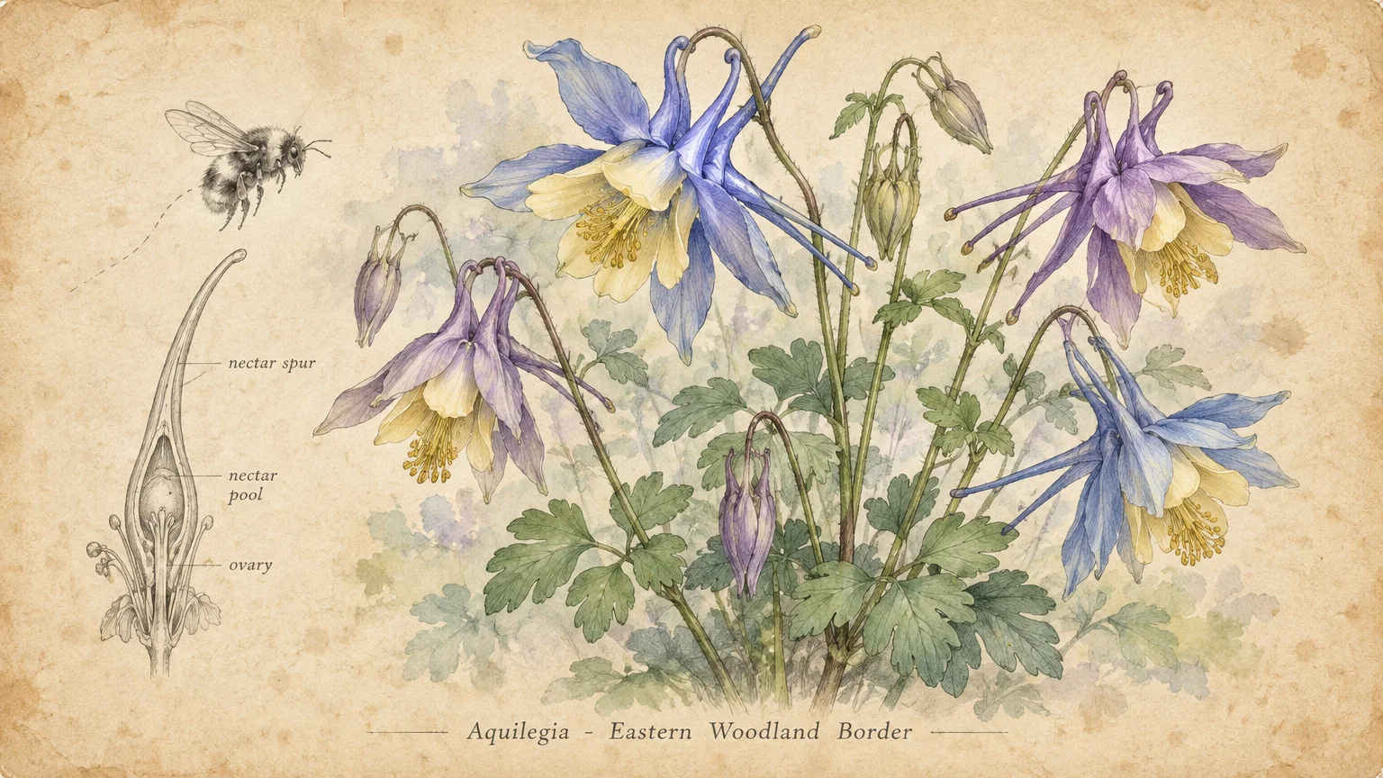 Botanical illustration of blue and purple columbine flowers, leaves, a bee, and an anatomical nectar spur diagram.