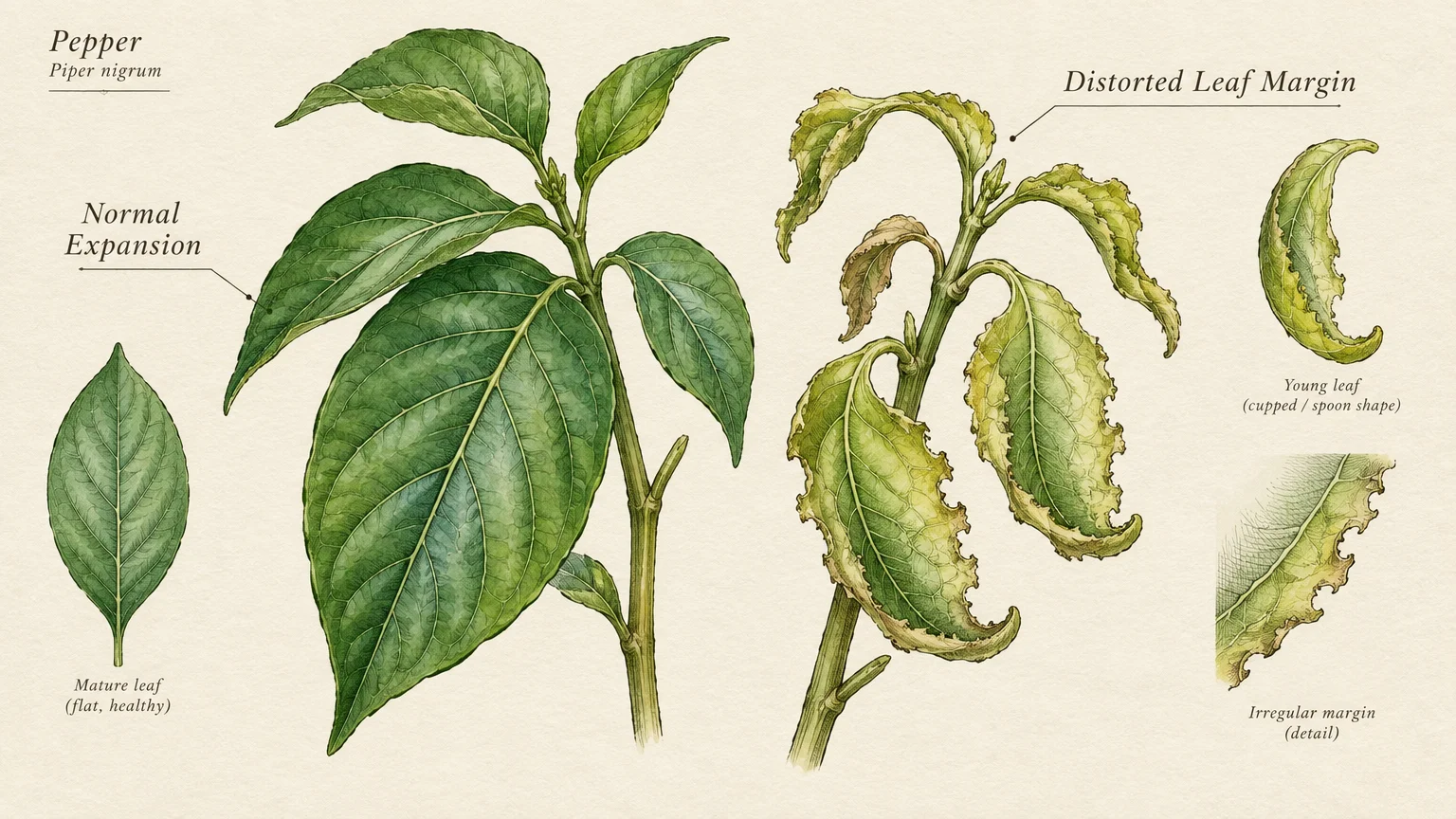 Botanical diagram comparing a healthy pepper plant stem to one with distorted, curled leaves and jagged margins.