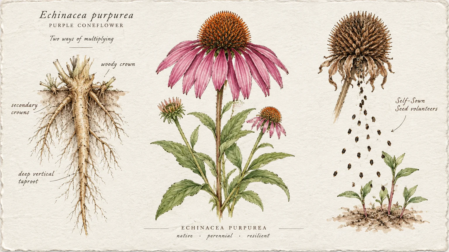 Botanical illustration of purple coneflower showing its deep taproot crown system, flowering stem, and self-sowing seeds.