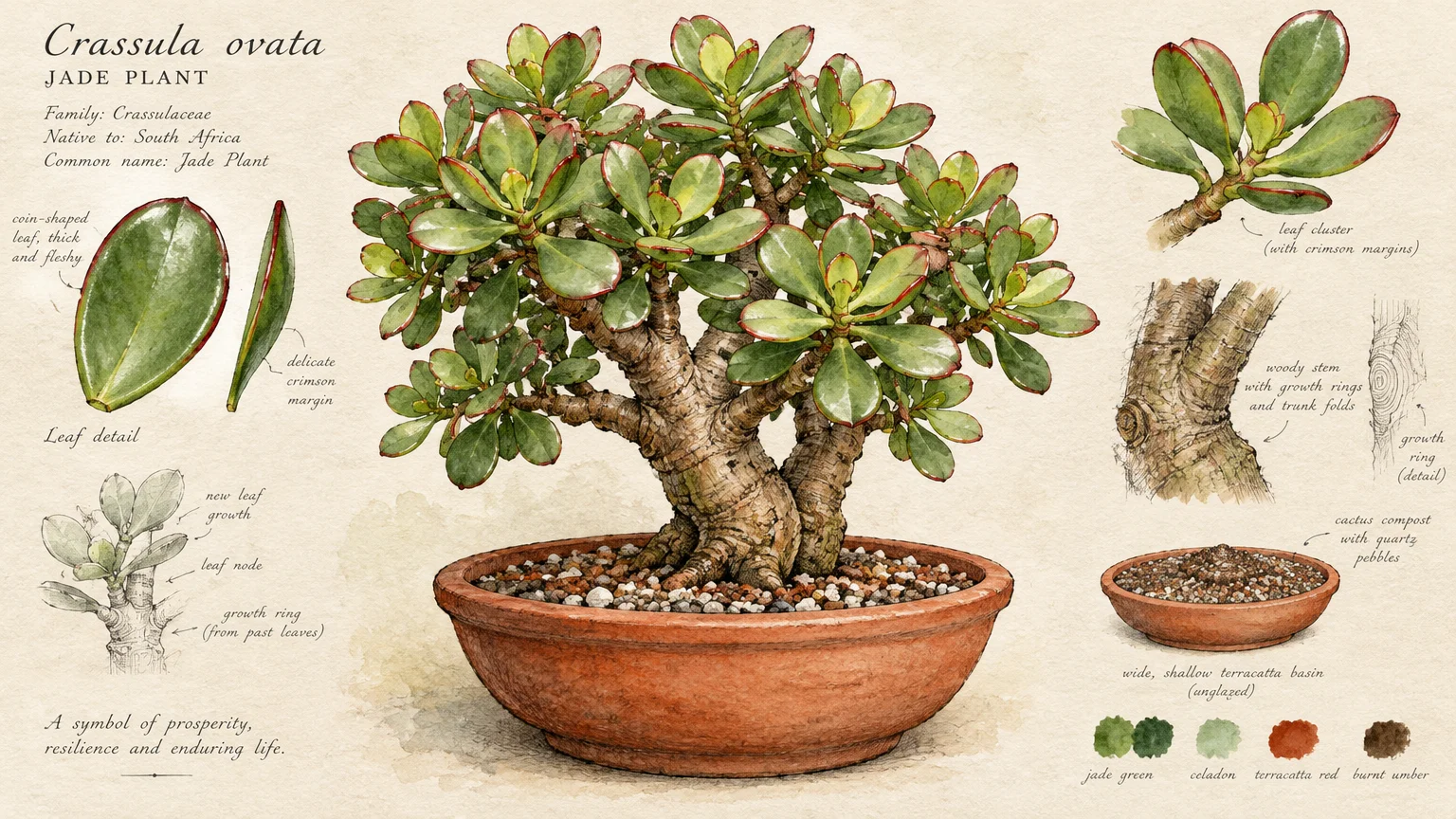 Botanical watercolor illustration of a potted jade plant bonsai with detailed anatomical sketches of leaves, bark, and soil.