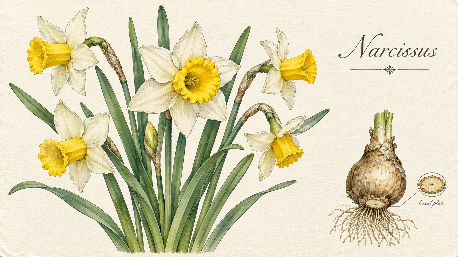 Botanical illustration of blooming white daffodils with yellow cups beside an anatomical drawing of a narcissus bulb.