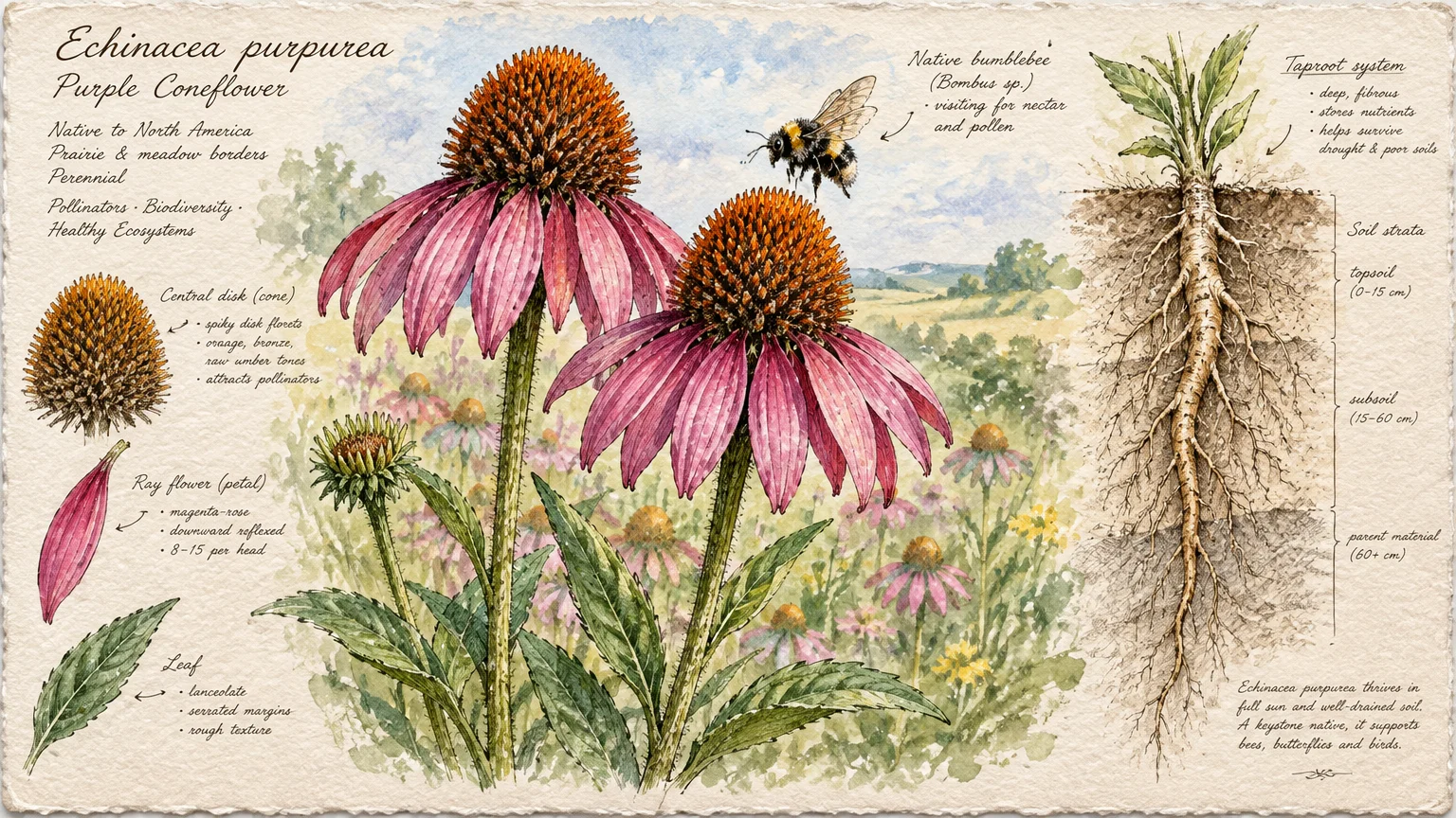 Botanical watercolor illustration of purple coneflowers, detailing petals, prickly cone, leaves, visiting bee, and root system.