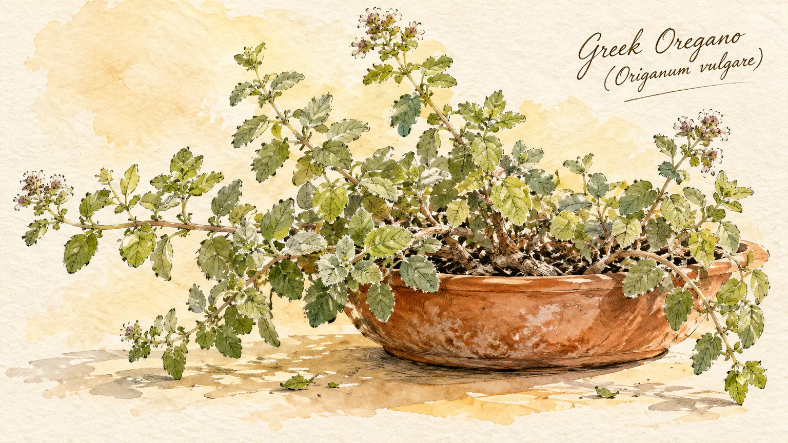 Watercolor illustration of a Greek oregano plant with small green leaves growing in a wide terracotta saucer pot.