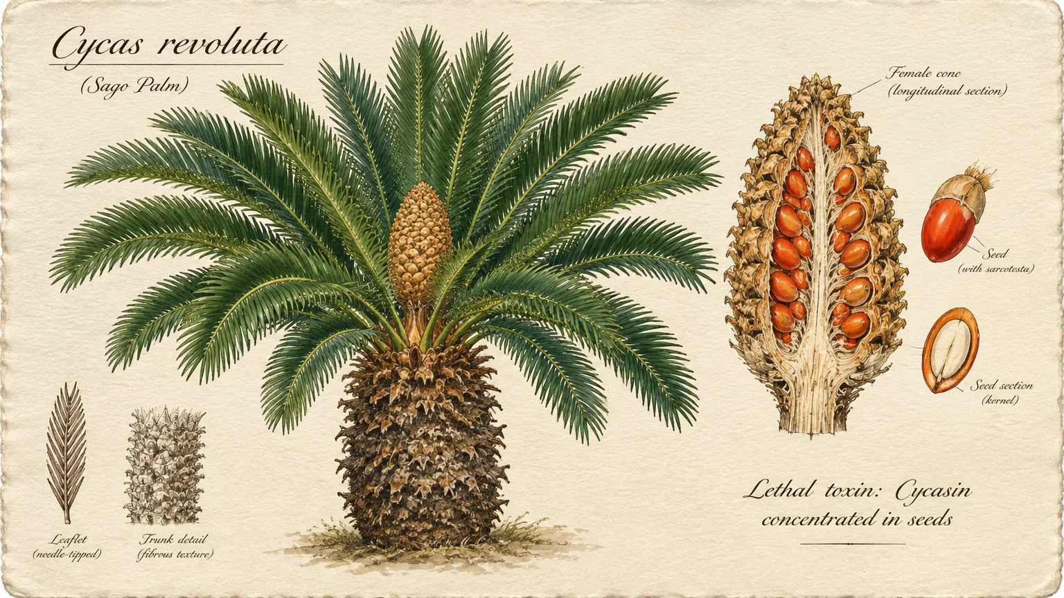 Botanical illustration of a Cycas revoluta sago palm with detailed cross sections of its cone, trunk, and orange seeds.
