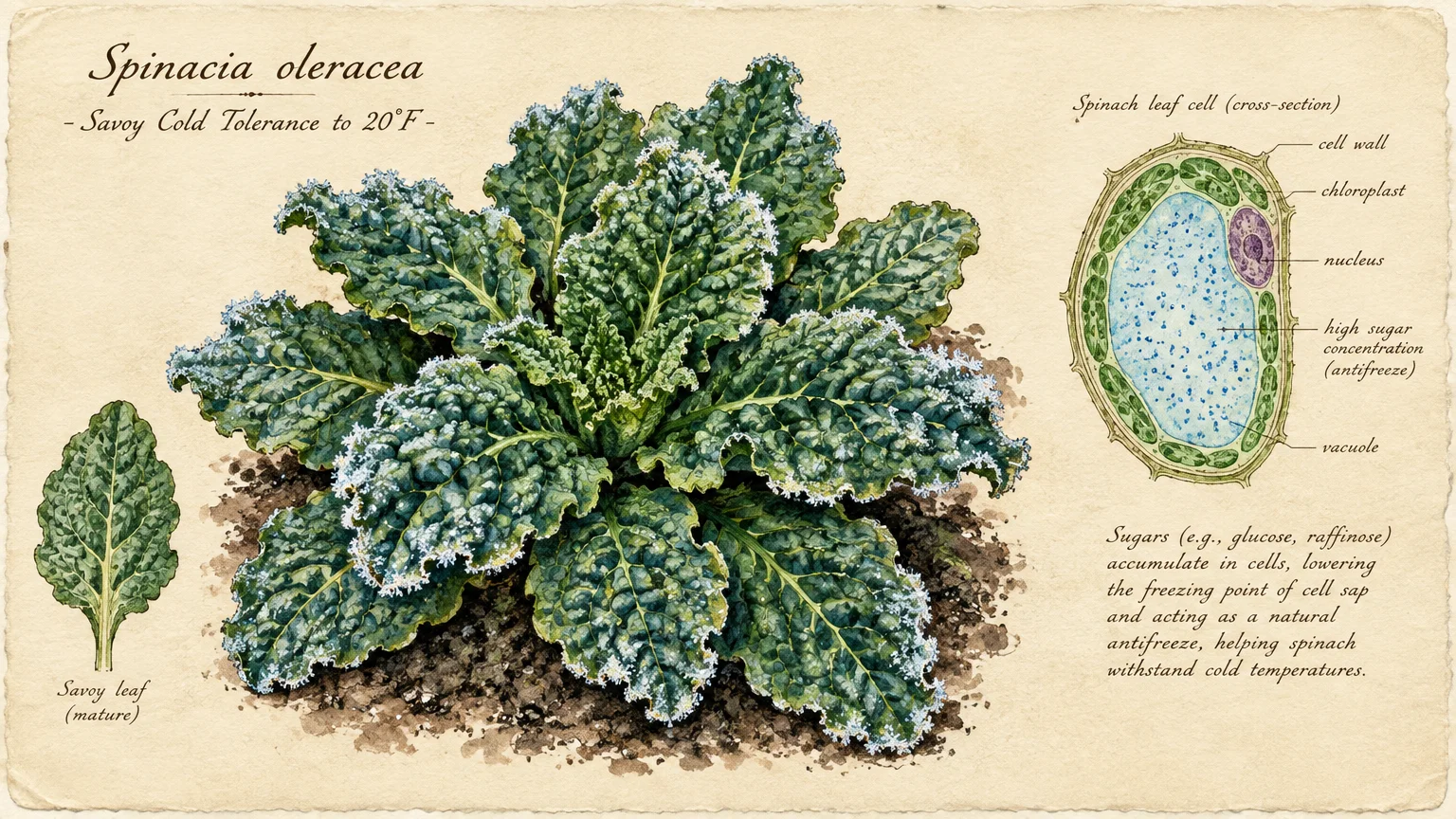 Botanical illustration of a frost-rimmed savoy spinach plant alongside a diagram showing a sugar-filled plant cell.