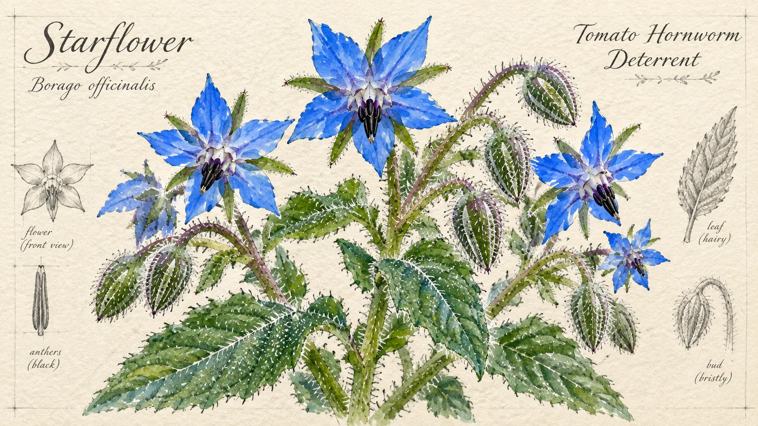 Botanical watercolor illustration of starflower borage with vibrant blue star-shaped blossoms, bristly green leaves, and buds.