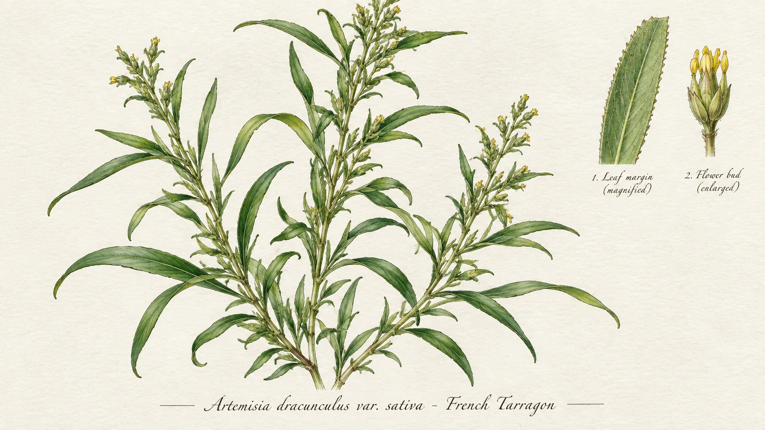 Botanical illustration of a leafy French tarragon plant with magnified diagrams of a leaf margin and a flower bud.