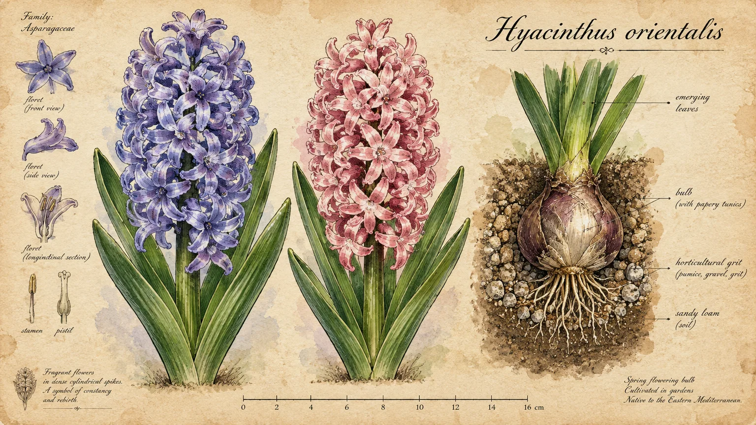 Botanical illustration of blue and pink hyacinths beside a planted bulb cross-section and floret diagrams.