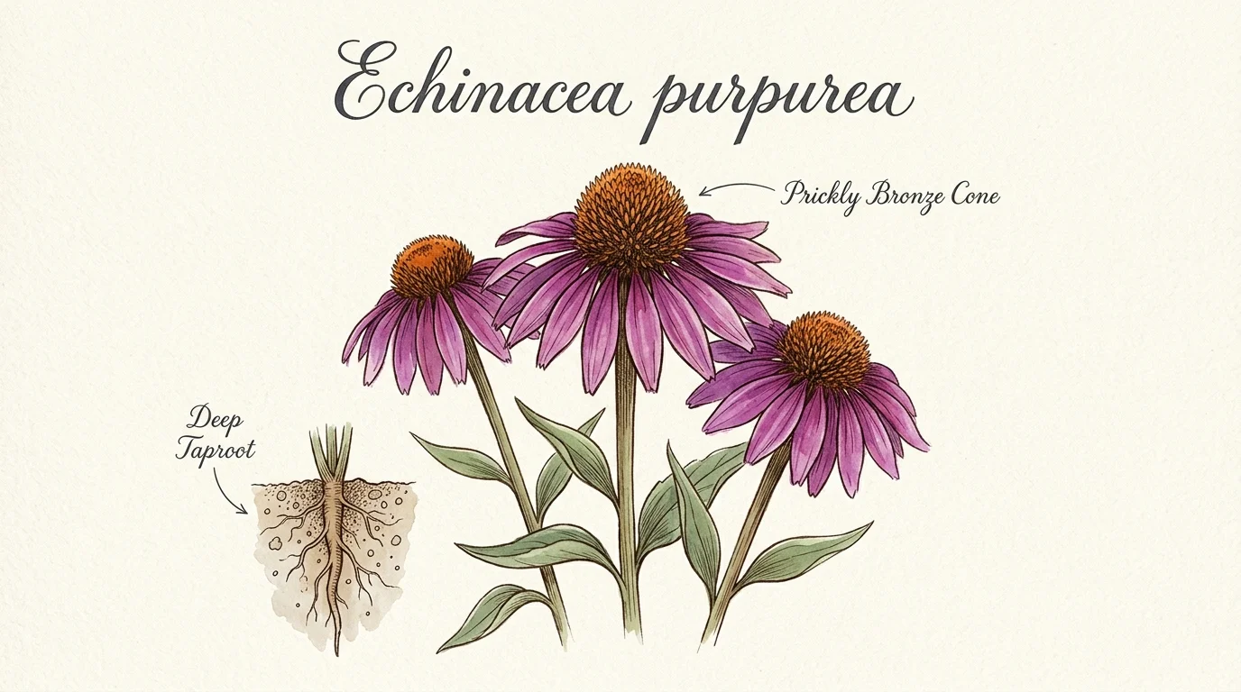 Botanical watercolor of Echinacea purpurea flowers with bronze cones and an illustrated underground taproot diagram.