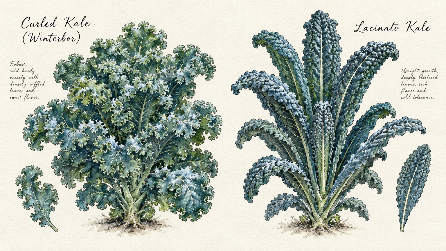 Botanical illustration comparing ruffled Curled Winterbor kale on the left with tall, blistered Lacinato kale on the right.