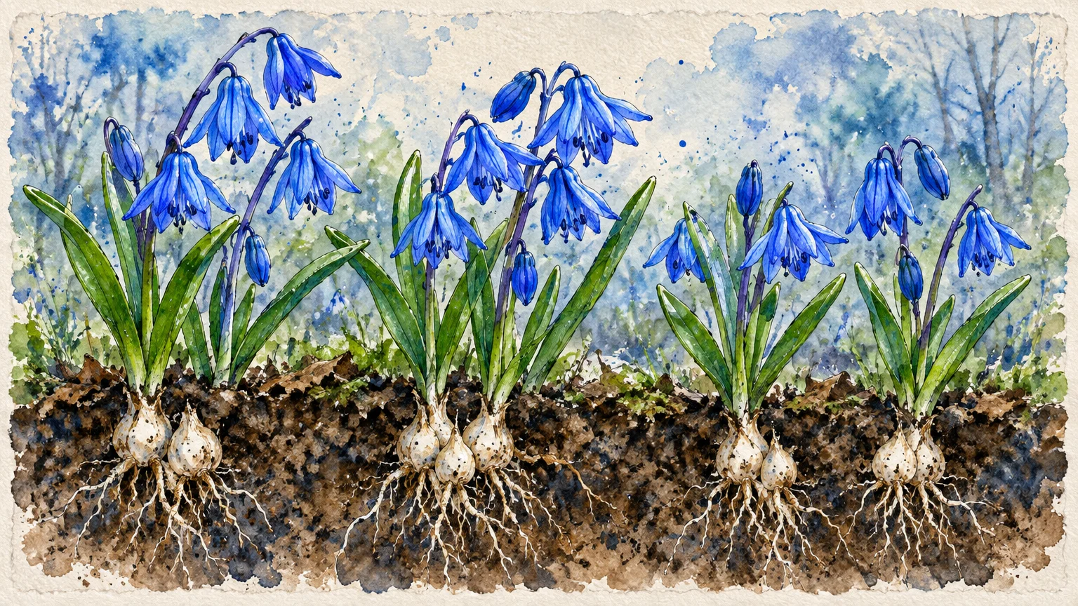 Watercolor illustration showing cross-section of blue Siberian squill flowers growing from bulbs and roots in soil.