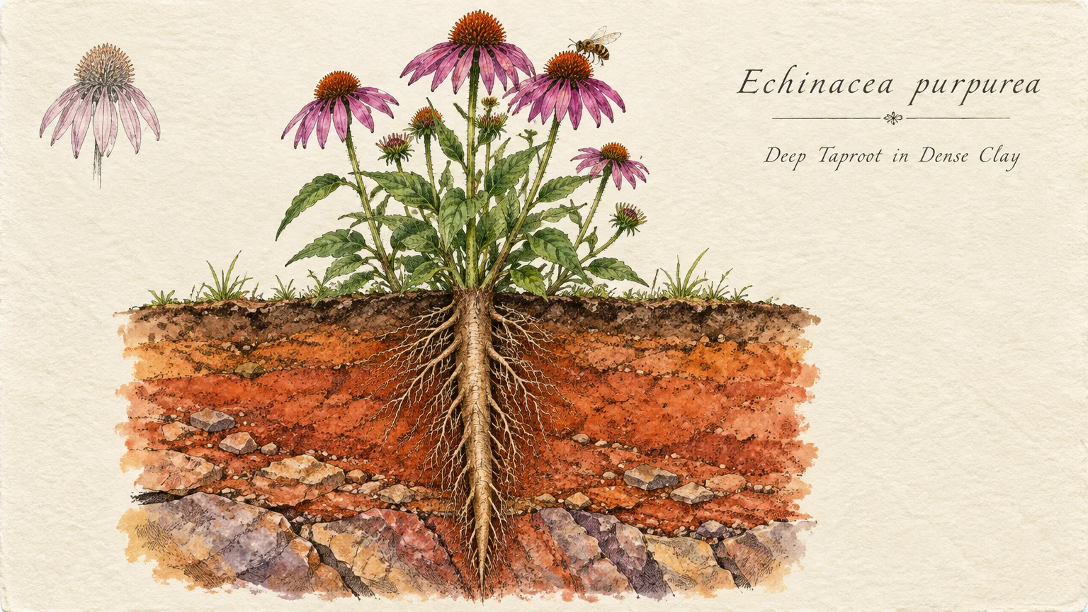 Botanical illustration of a purple coneflower plant with its long taproot extending deep into layered clay and rock soil.