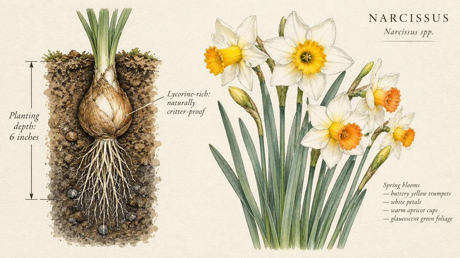 Botanical illustration of a narcissus bulb planted in soil beside flowering daffodils with white petals and yellow cups.