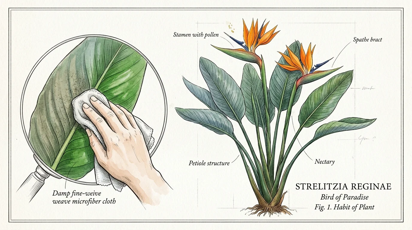 Botanical illustration of a Bird of Paradise plant alongside an inset showing a hand wiping a leaf with a microfiber cloth.