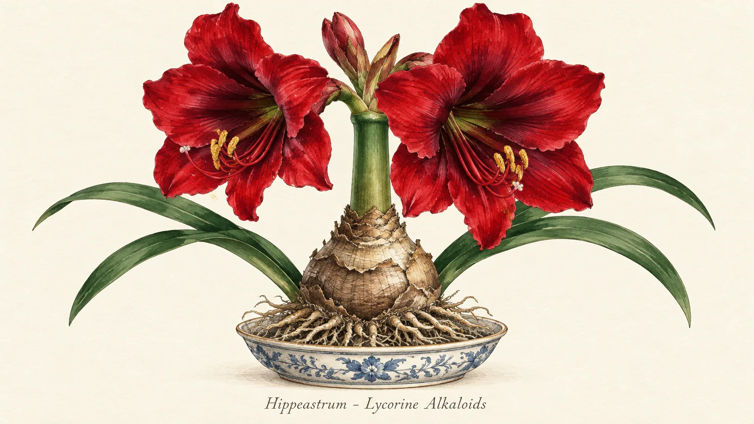 Botanical illustration of a flowering red amaryllis bulb growing with exposed roots in a decorative ceramic dish.
