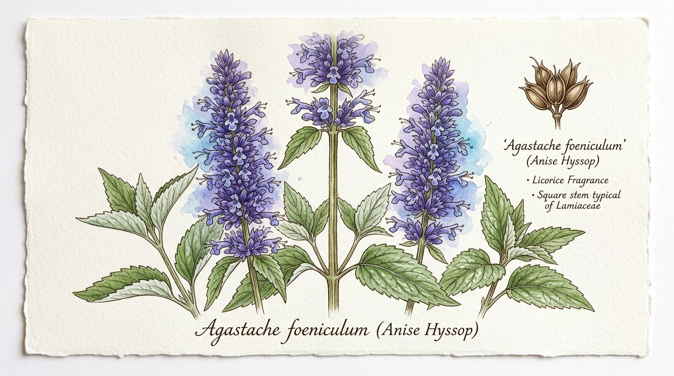 Botanical watercolor illustration of purple anise hyssop flower spikes, green leaves, and seed pod diagram on textured paper.