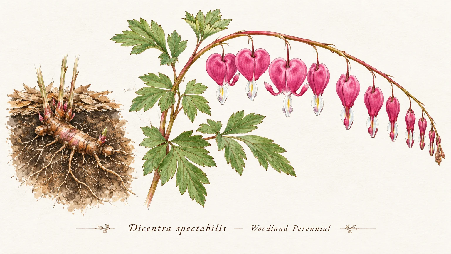 Botanical illustration of bleeding heart roots in soil beside an arching stem of pink and white heart-shaped flowers.