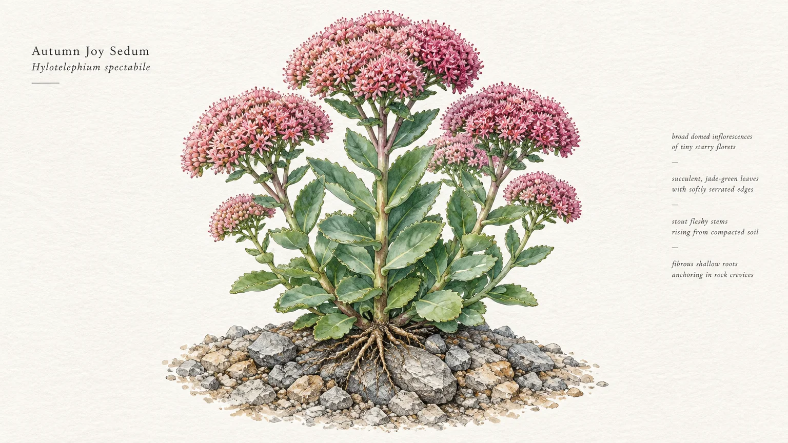Botanical watercolor illustration of an Autumn Joy sedum plant with pink flower heads rooted in rocky, gravelly soil.