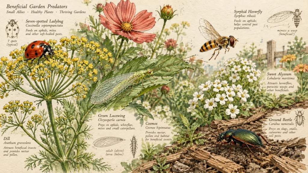 Botanical illustration of beneficial garden insects including a ladybug, green lacewing, hoverfly, and ground beetle among flowers.