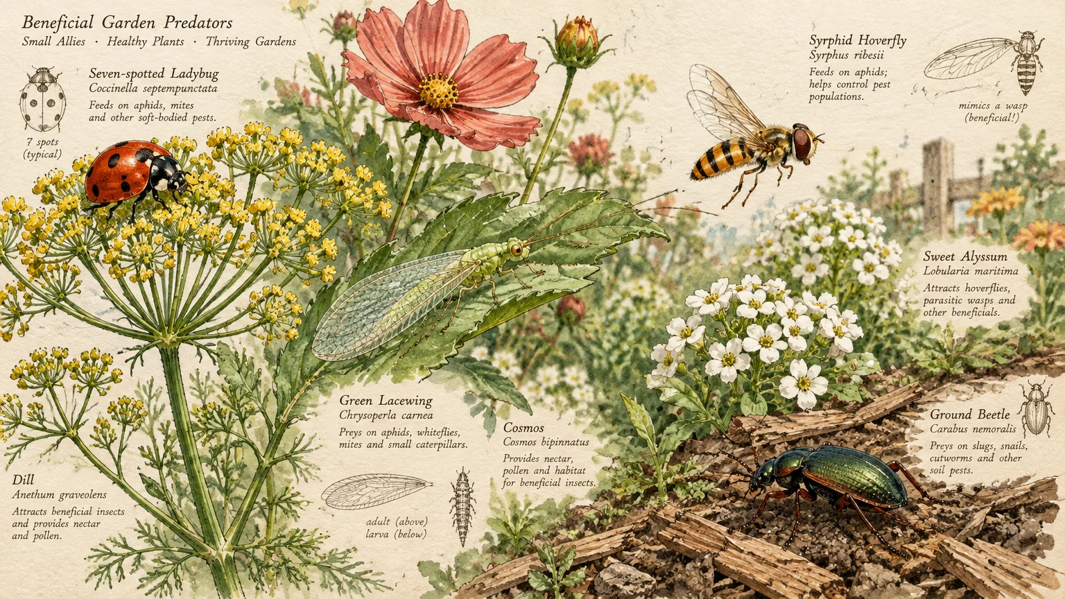 Botanical illustration of beneficial garden insects including a ladybug, green lacewing, hoverfly, and ground beetle among flowers.